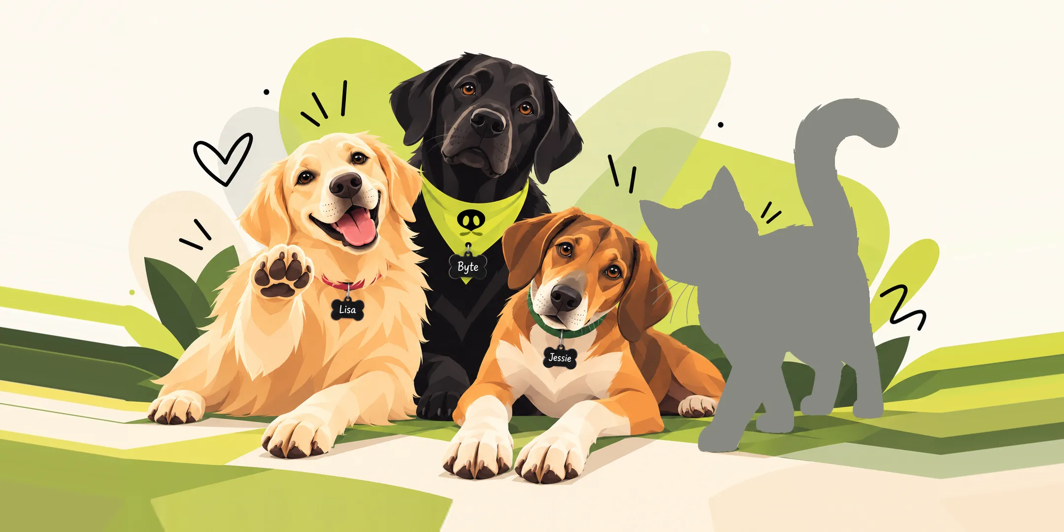 A drawing of the pack: Lisa the golden retriever waving a paw, Byte the black labrador in a lime bandana, Jessie the hound, and a cat-shaped silhouette where Red should be