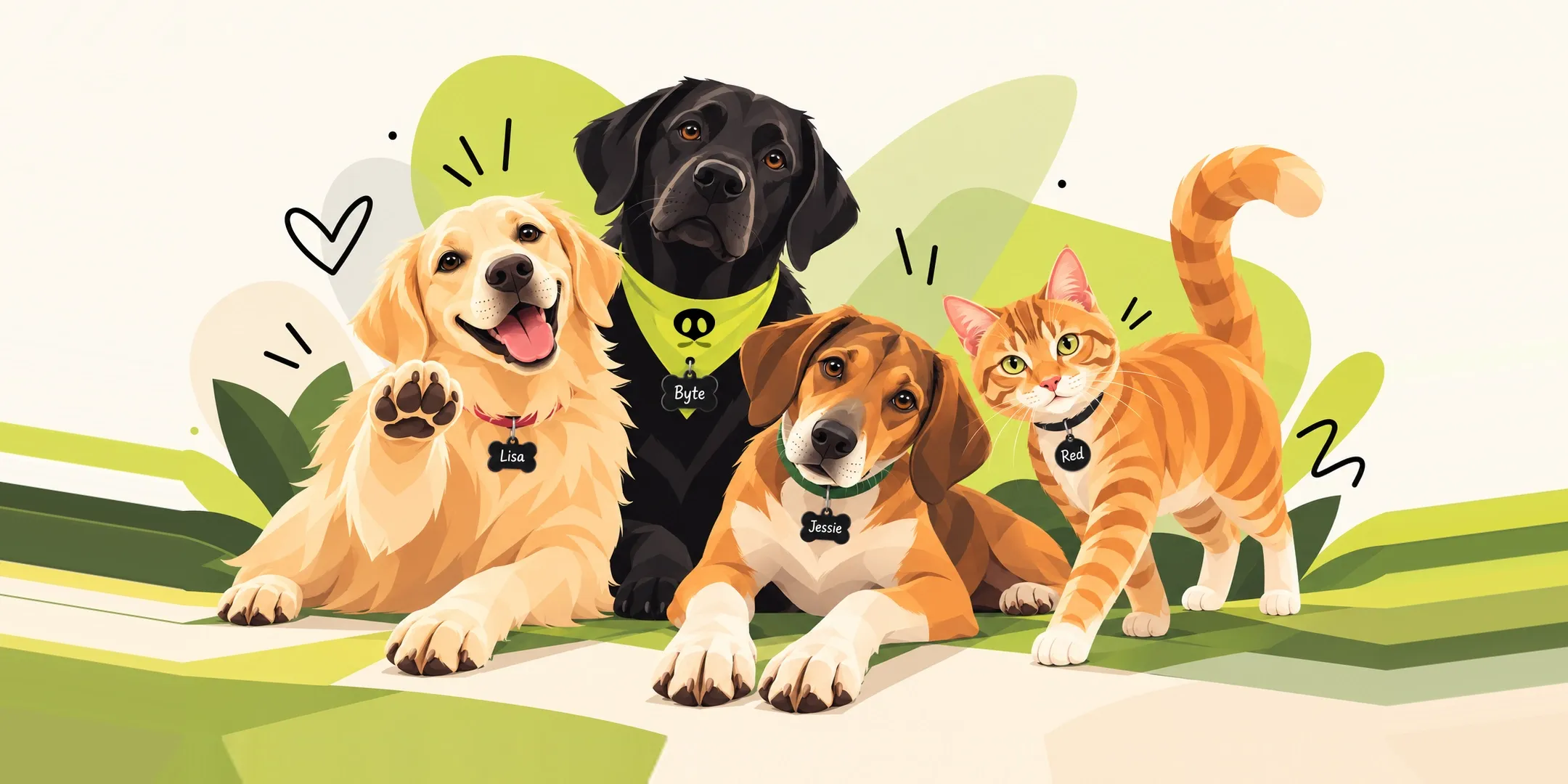 A drawing of the pack: Lisa the golden retriever waving a paw, Byte the black labrador in a lime bandana, Jessie the hound and Red the ginger cat